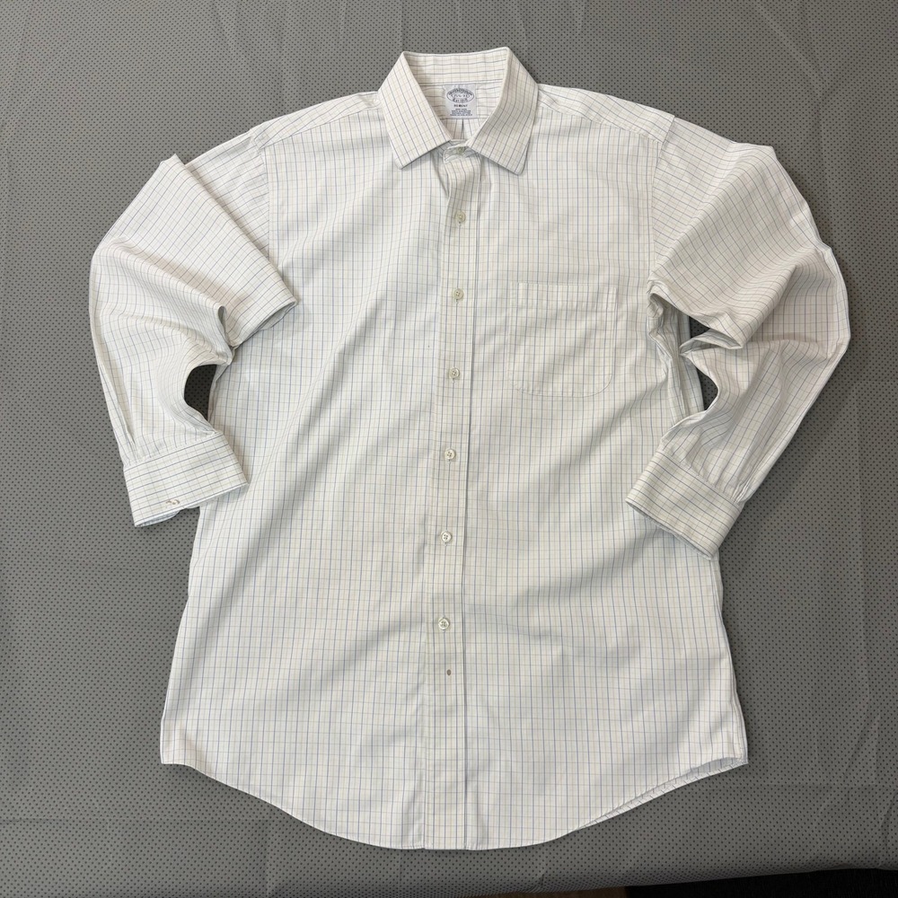 Brooks Brothers Dress Shirt Men 15.5 33 Ivory Windowpane Supima Cotton Non Iron